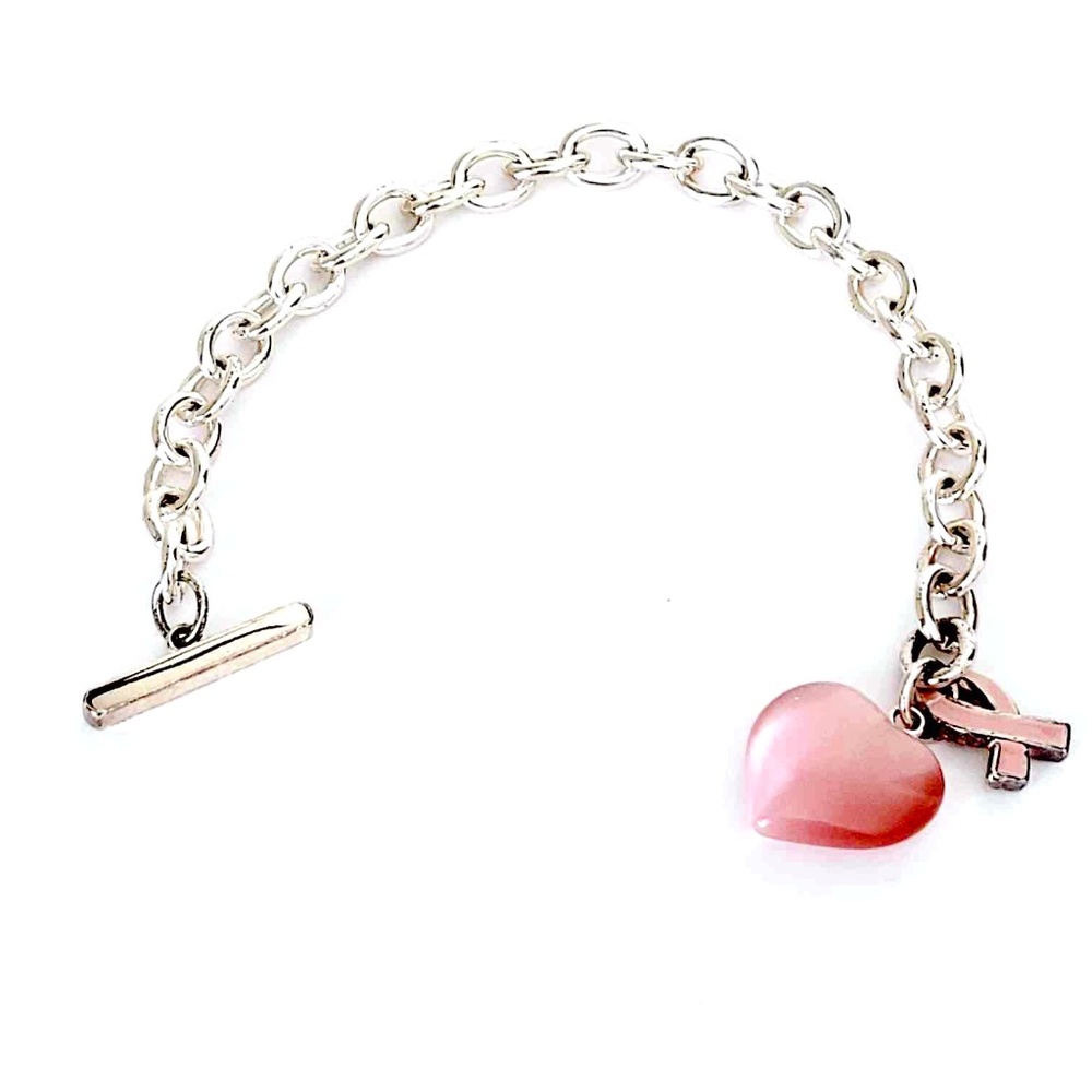 Silver Large Chain Link Breast Cancer Awareness Ribbon Toggle Clasp Bracelet